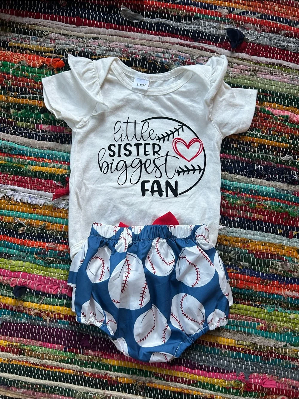 Little Sister Biggest Fan Baseball Ruffle Outfit with Red Bow Bloomers 6-12 MOS